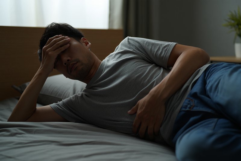 Мужчина лежит на кровати